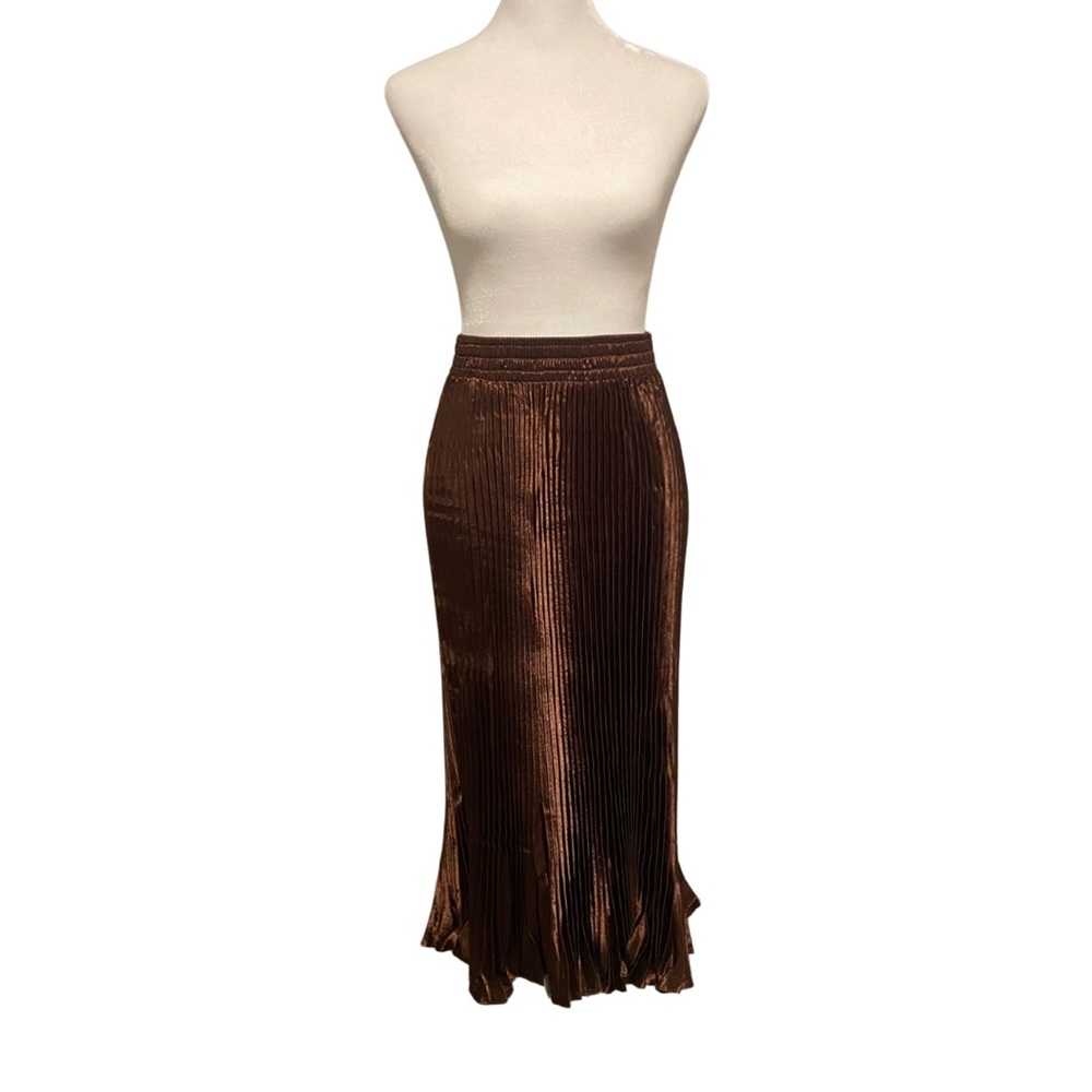 Festive, High Elastic Waist, Pleated Satin Midi Maxi Wimsygoth Skirt Brown SZ S